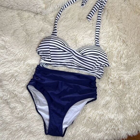 Tempt Me Vintage Swimsuit Two Piece Retro Halter Ruched High Waist Bikini Medium - Picture 3 of 9